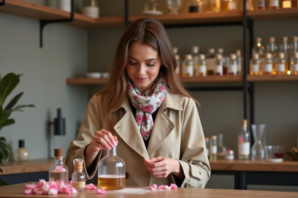 Femme en trench et foulard créant un parfum à Paris