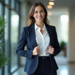 Femme confiante en blazer navy dans un bureau moderne