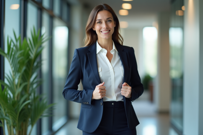 Femme confiante en blazer navy dans un bureau moderne