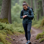 Jeune femme en randonnée avec veste technique et carte