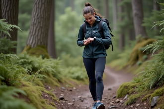 Jeune femme en randonnée avec veste technique et carte
