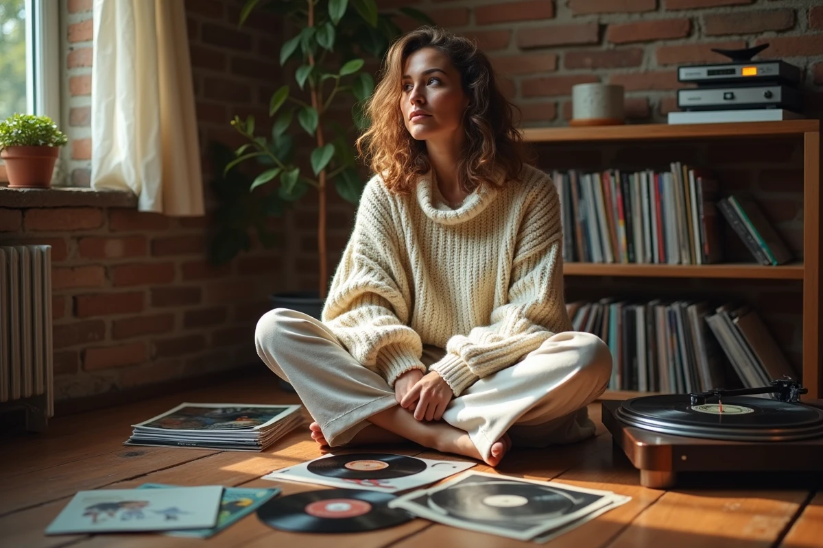 Femme redécouvrant des vinyles de chanteurs américains oubliés des années 70 et 80 dans un salon vintage