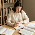 Femme concentrée révisant les règles d'orthographe du français dans un bureau cosy avec des livres de grammaire ouverts