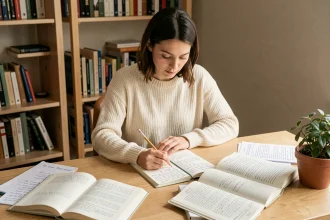 Femme concentrée révisant les règles d'orthographe du français dans un bureau cosy avec des livres de grammaire ouverts