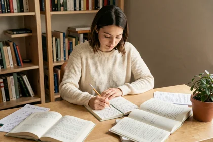 Femme concentrée révisant les règles d'orthographe du français dans un bureau cosy avec des livres de grammaire ouverts