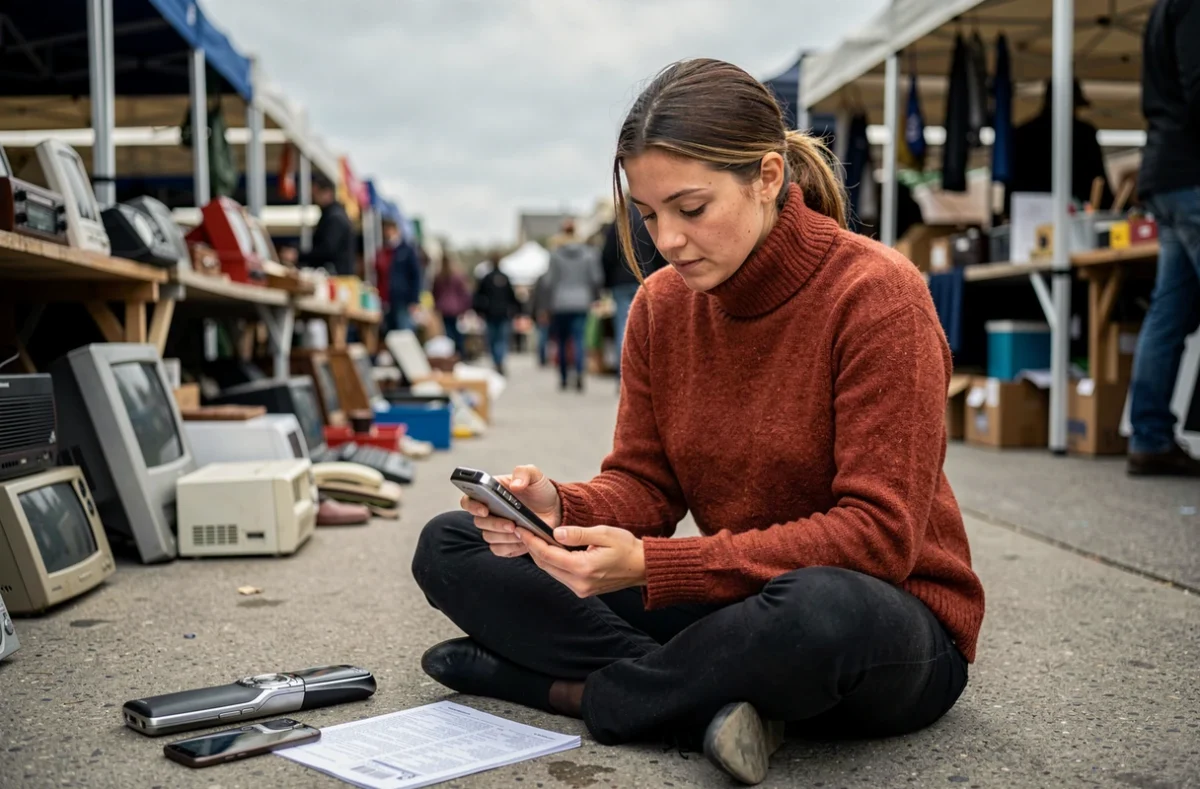 Femme inspectant un Sony Ericsson K800i Cybershot dans un marché aux puces, achat malin de téléphone vintage