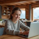 Femme souriante dans un chalet avec ordinateur portable