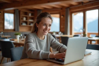 Femme souriante dans un chalet avec ordinateur portable