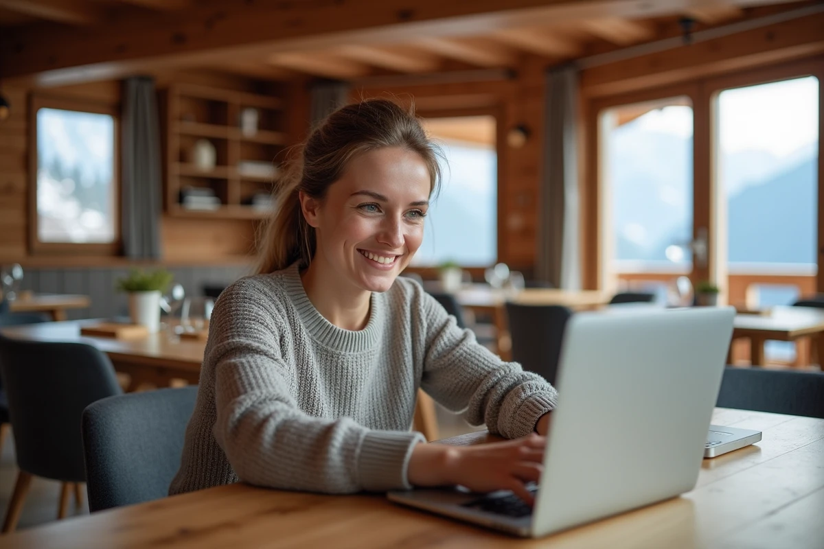 Femme souriante dans un chalet avec ordinateur portable