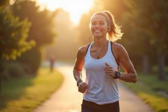 Jeune femme sportive courant en extérieur avec écouteurs sans fil
