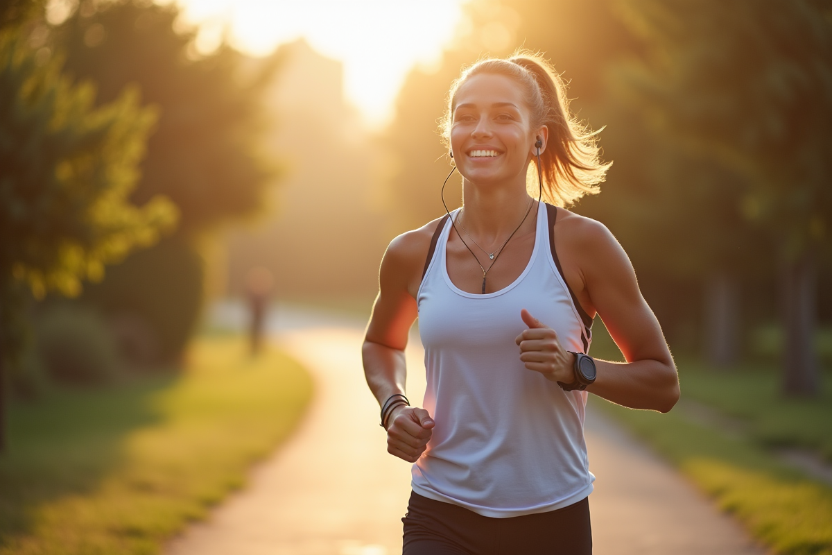 Jeune femme sportive courant en extérieur avec écouteurs sans fil