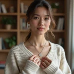 Jeune femme portant un pendentif Wegvisir dans un salon cosy