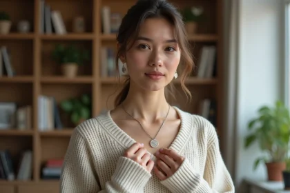 Jeune femme portant un pendentif Wegvisir dans un salon cosy