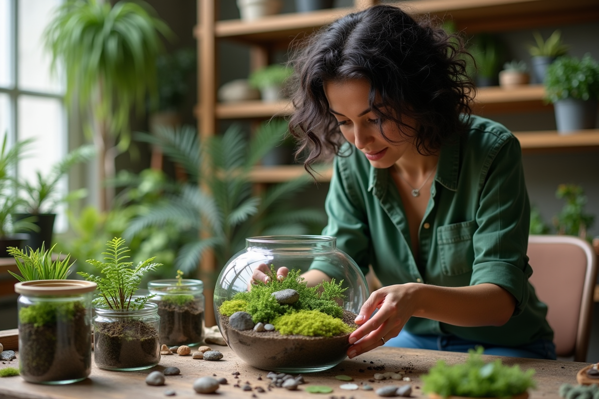 Femme créant un terrarium dans un atelier parisien