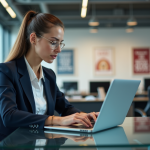 Femme en tenue professionnelle travaillant sur un ordinateur portable dans un bureau moderne
