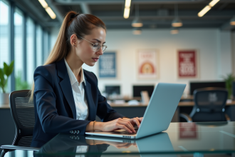 Femme en tenue professionnelle travaillant sur un ordinateur portable dans un bureau moderne