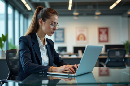 Femme en tenue professionnelle travaillant sur un ordinateur portable dans un bureau moderne