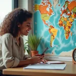 Jeune femme urbaine utilisant son smartphone près d'une carte du monde