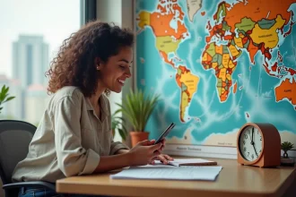 Jeune femme urbaine utilisant son smartphone près d'une carte du monde