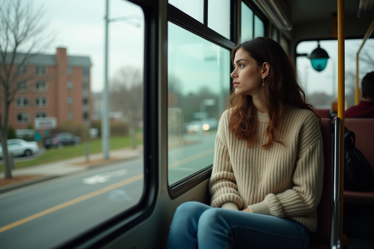 Jeune femme regardant par la fenetre d’un bus urbain
