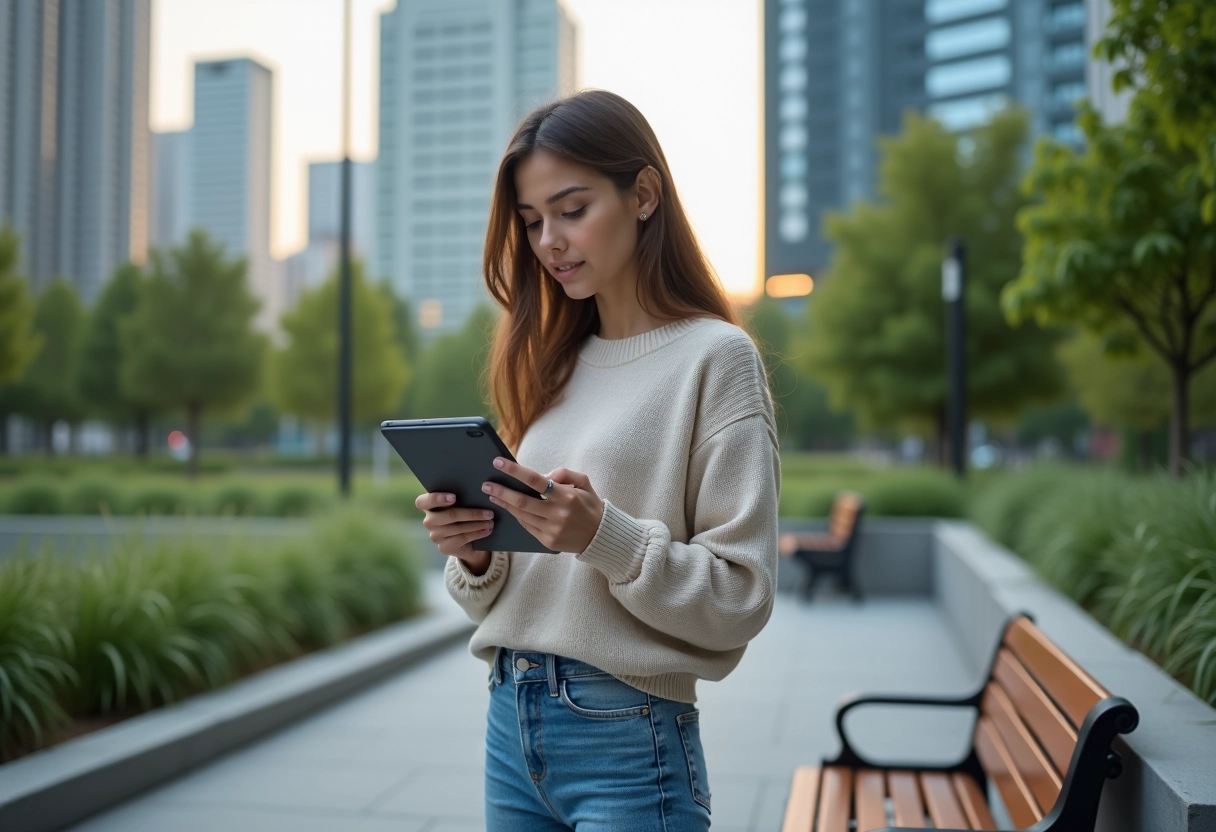 Jeune femme cherchant un contact sur sa tablette en ville