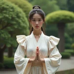 Jeune femme victorien dans un jardin japonais
