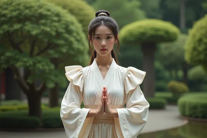 Jeune femme victorien dans un jardin japonais