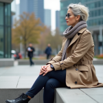 Femme en trench dans un espace urbain moderne