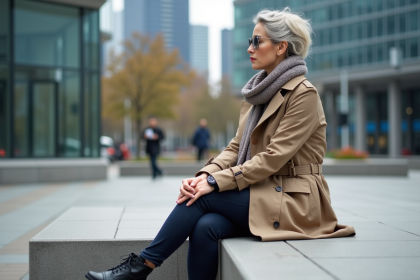Femme en trench dans un espace urbain moderne