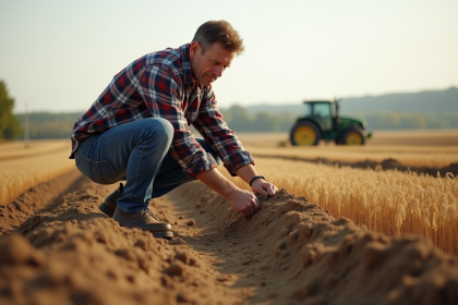 Fermeur inspectant la terre riche d’un champ de blé en France