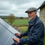 Ferme normande avec fermier inspectant panneaux solaires