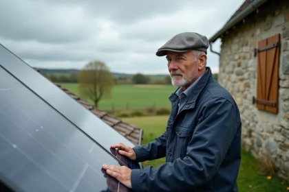 Ferme normande avec fermier inspectant panneaux solaires