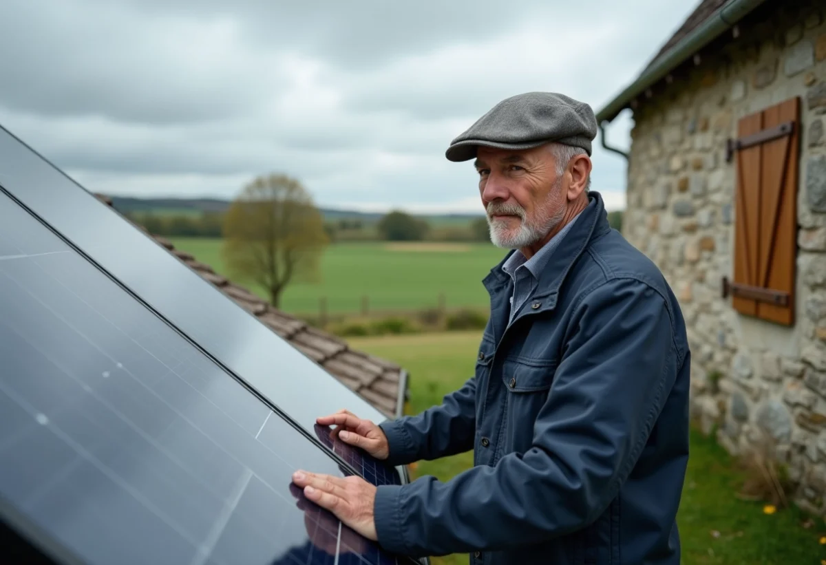 Ferme normande avec fermier inspectant panneaux solaires