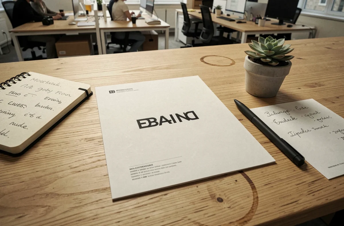 Flat lay d'un guide de marque ouvert sur une page de logotype typographique moderne dans une agence de branding