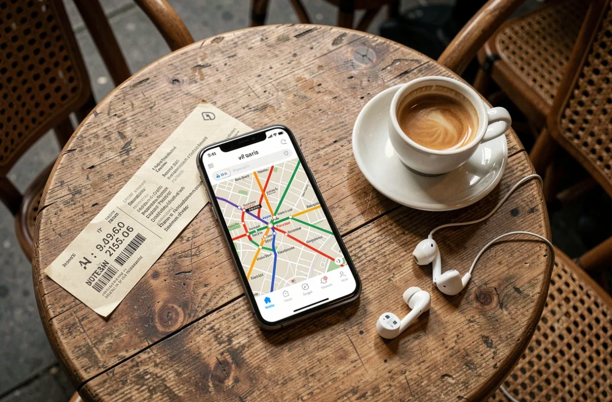 Vue en plongée d'un smartphone affichant une application de plan de métro parisien sur une table de café avec un ticket RATP