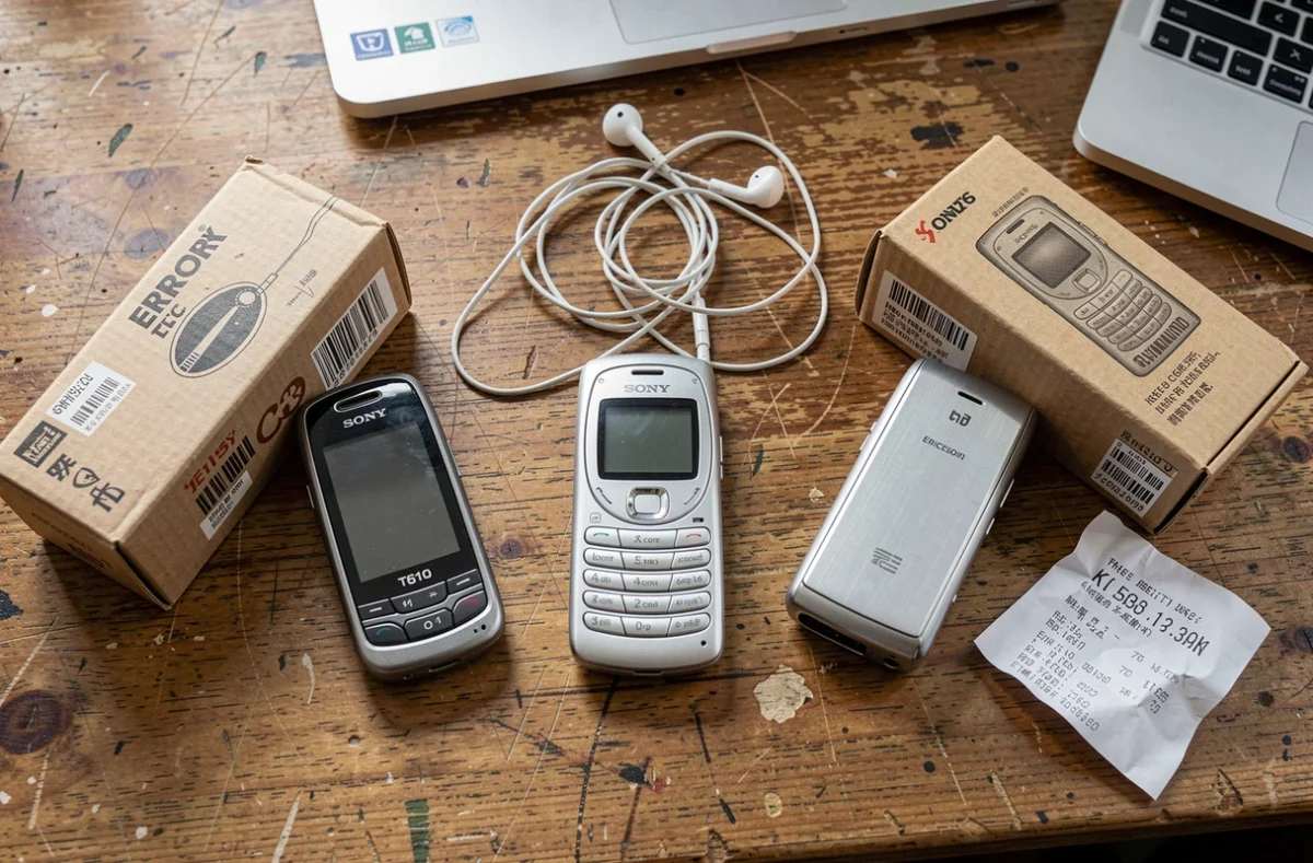 Flatlay de trois téléphones Sony Ericsson vintage sur un bureau en bois, guide d'achat de seconde main en 2026