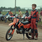 Jeune garçon en équipement motocross avec moto dans un parking