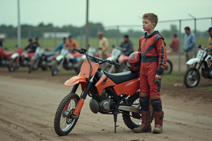 Jeune garçon en équipement motocross avec moto dans un parking