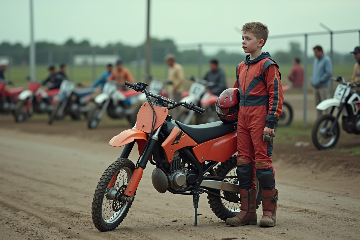 Jeune garçon en équipement motocross avec moto dans un parking