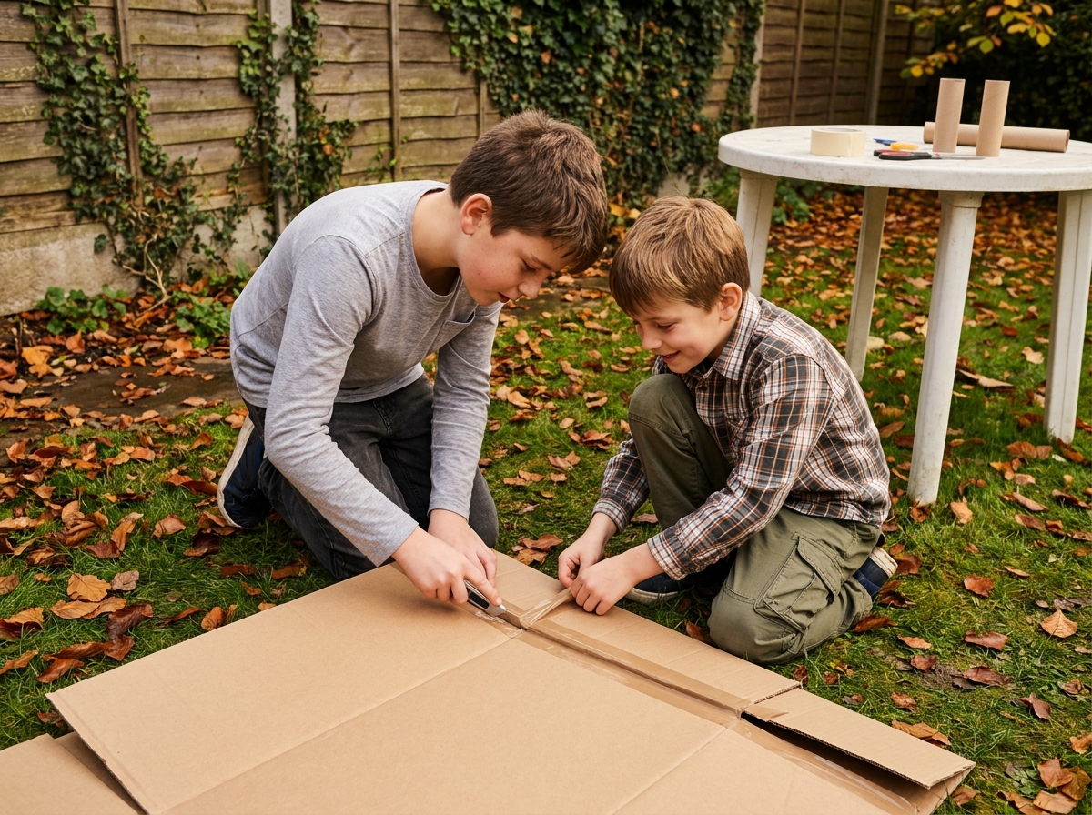 Deux garçons construisant ensemble un projet en carton dans un jardin en automne après l'école