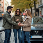Quatre adultes souriants en ville prêts à covoiturer