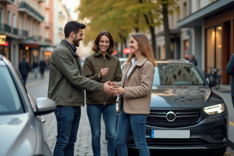 Quatre adultes souriants en ville prêts à covoiturer