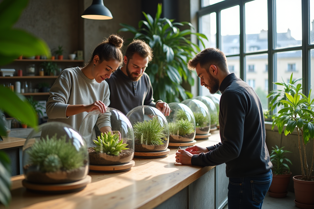 Groupe de trois personnes fabriquant des terrariums modernes