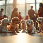 Enfants et adultes jouent avec des chiots dans un salon lumineux