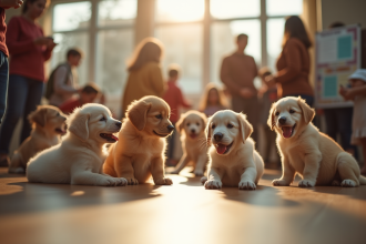 Enfants et adultes jouent avec des chiots dans un salon lumineux