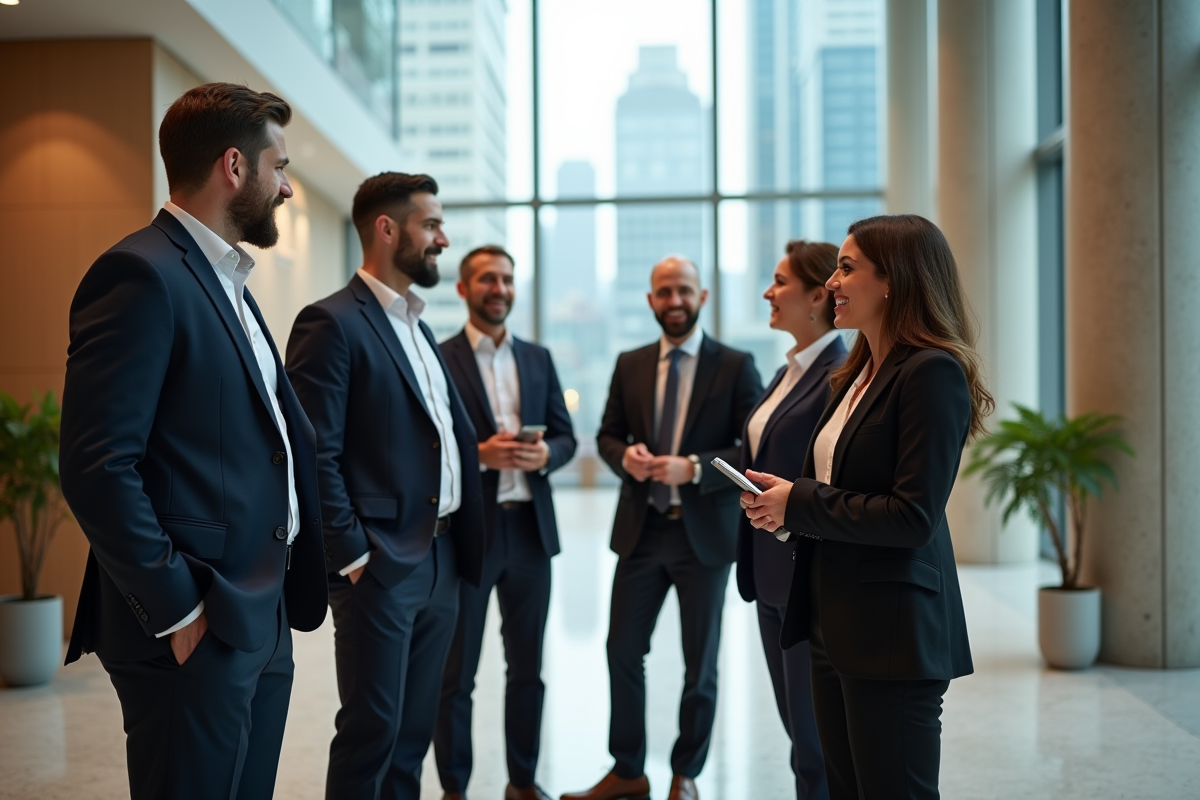 Groupe divers de professionnels en discussion dans un lobby lumineux