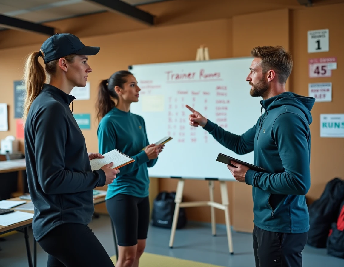 Groupe de sportifs apprenant la conversion miles-kilomètres pour triathlon et trail avec un coach