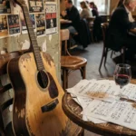 Guitare acoustique usée posée contre une chaise de bistrot parisien avec partitions et verre de vin évoquant l'univers de Renaud