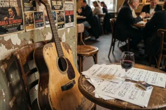 Guitare acoustique usée posée contre une chaise de bistrot parisien avec partitions et verre de vin évoquant l'univers de Renaud