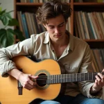 Jeune guitariste jouant les accords de Je Te Promets sur une guitare acoustique classique dans un salon chaleureux